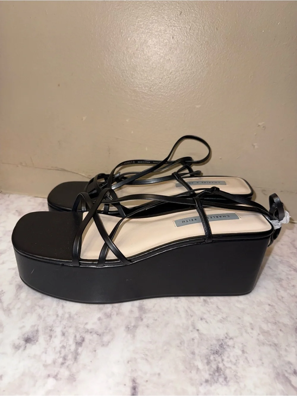 Charles & Keith Black Strappy Platform Sandals with Ankle Wrap